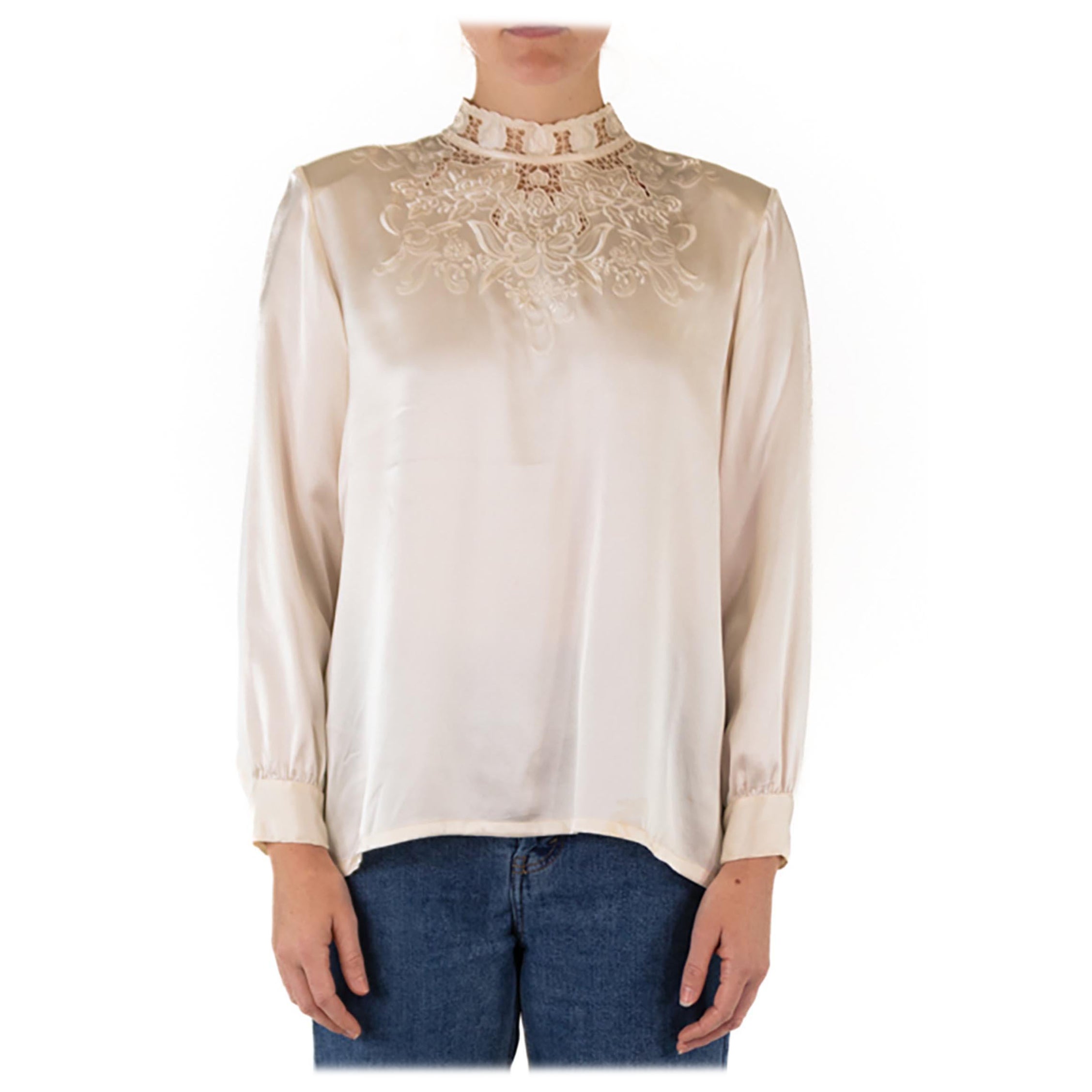 1970S Cream Silk Crepe De Chine Hand Embroidered Blouse For Sale