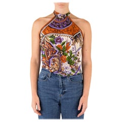 MORPHEW COLLECTION Top de seda floral morado, naranja y blanco de época