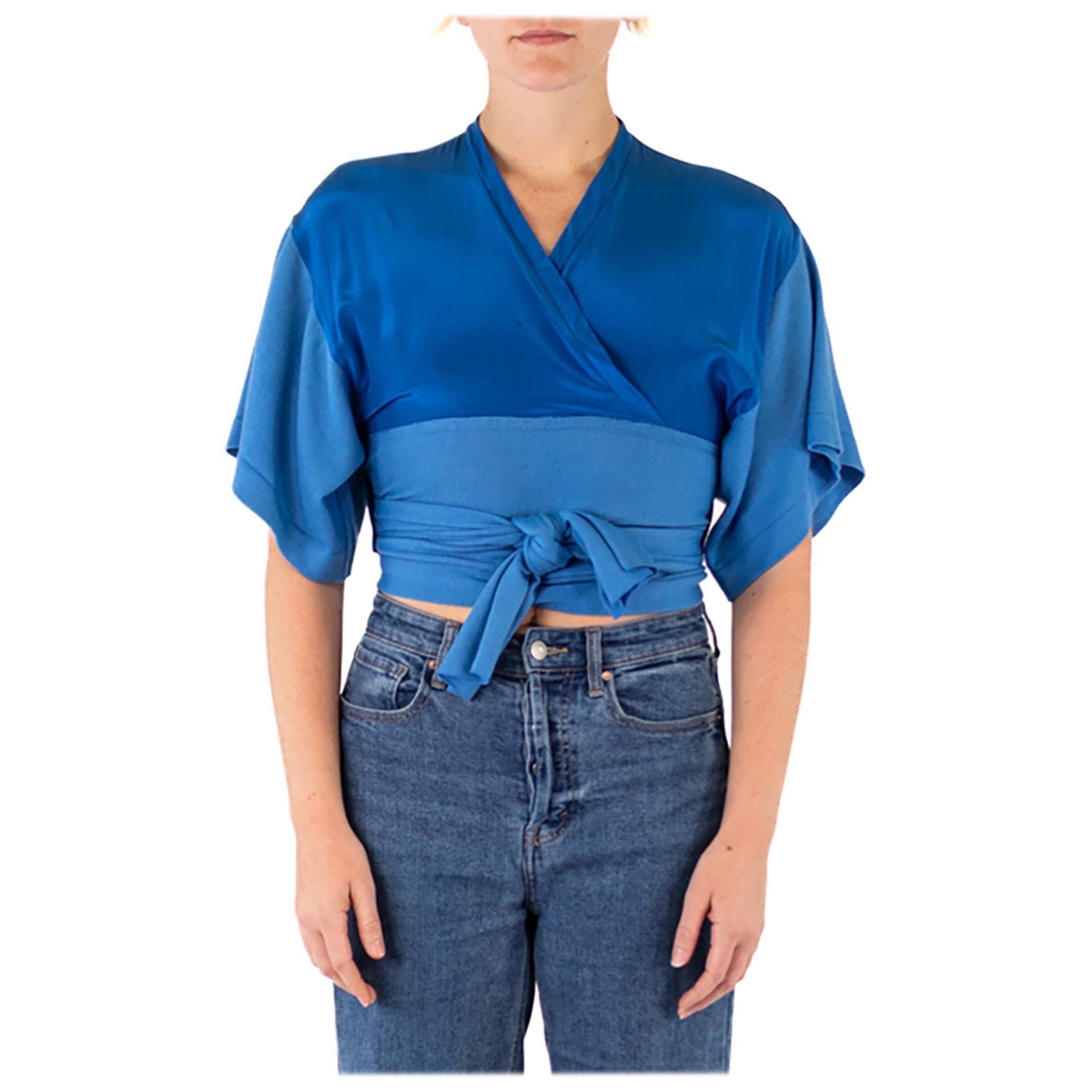 1980S GIANFRANCO FERRE Powdered Blue Silk Blouse For Sale