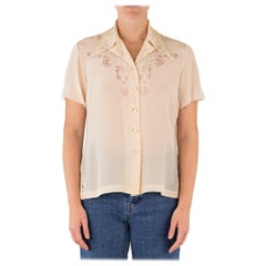 Vintage 1950S Cream Silk Crepe De Chine Hand-Embroidered Shirt