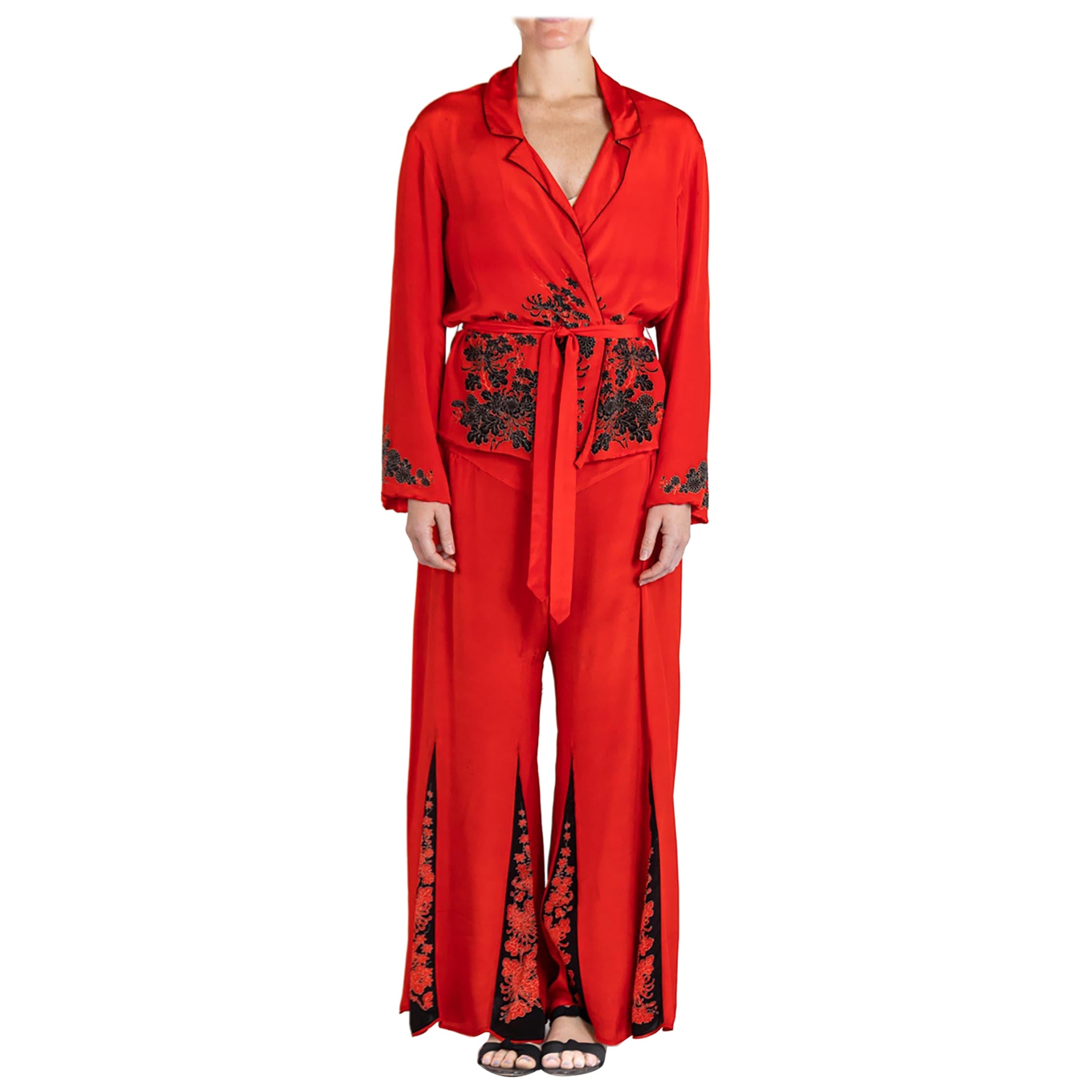 1920S Cherry Red Blossom Silk Pajamas For Sale
