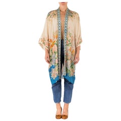 Antique 1920S Cream & Blue Silk Lightweight Floral Kimono Dressing Robe