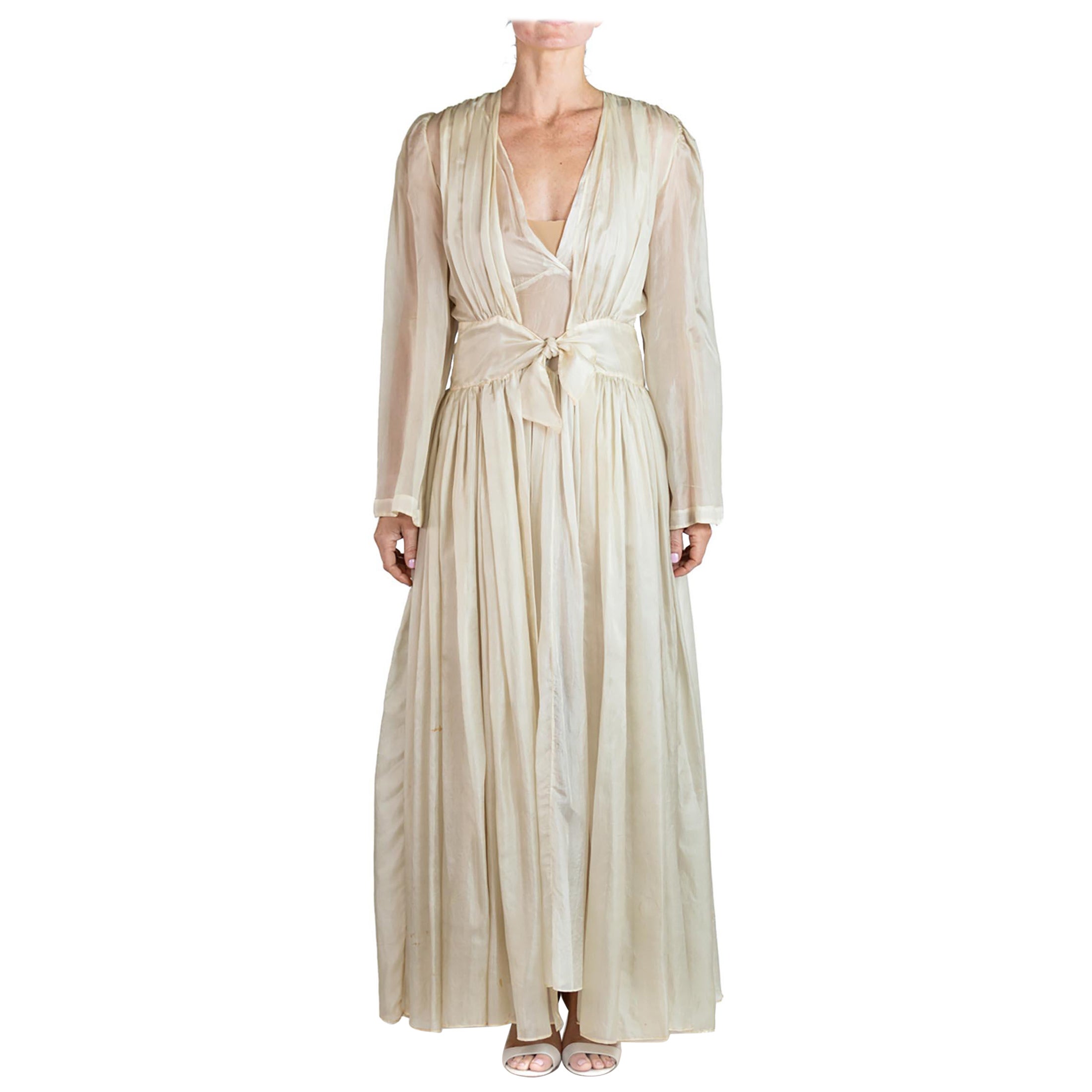 1930S Cream Silk Feather Weight Robe & Negligee Ensemble For Sale