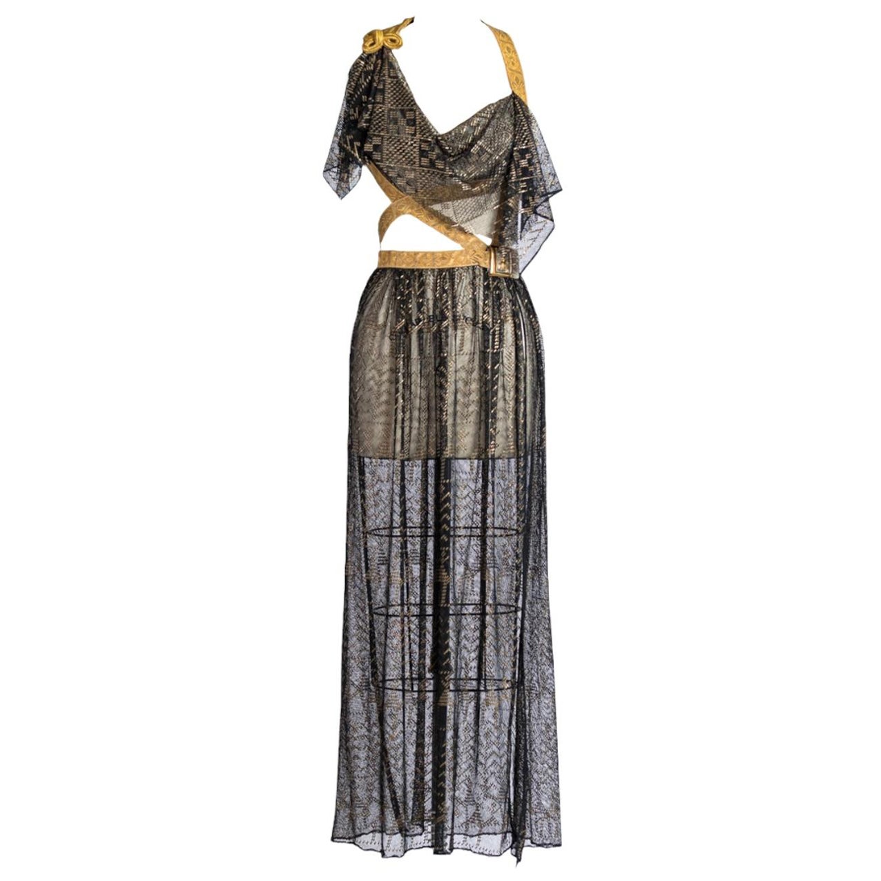 MORPHEW ATELIER Black & Gold Cotton Net Antique Egyptian Assuit Gown With Milit For Sale