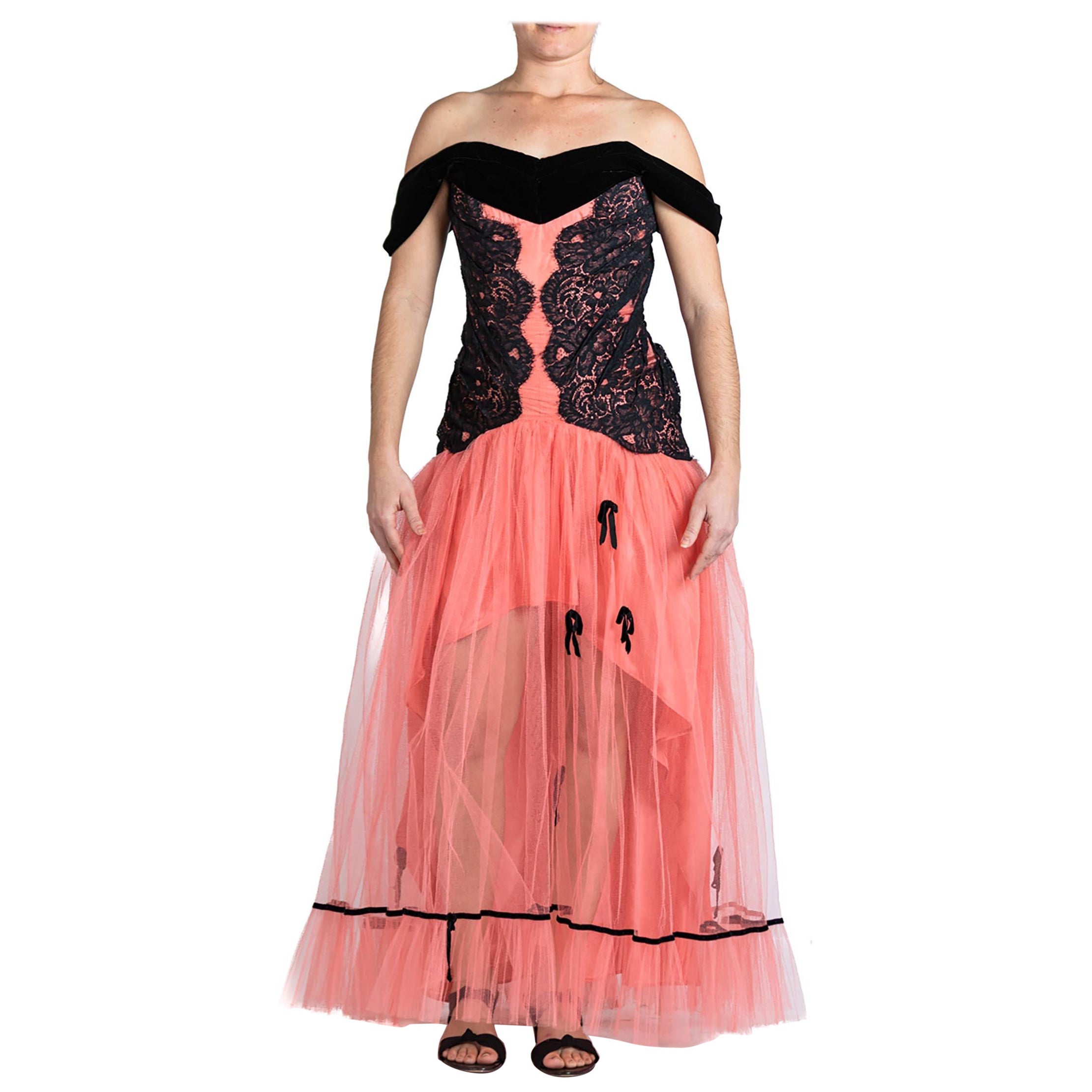 MORPHEW ATELIER Salmon Pink & Black Rayon Blend Tulle Lace Gown With Velvet Bow For Sale