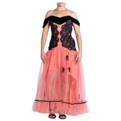 MORPHEW ATELIER Salmon Pink & Black Rayon Blend Tulle Lace Gown With Velvet Bow