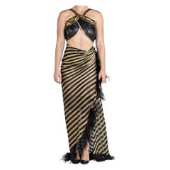 MORPHEW ATELIER Black & Gold Striped Silk Lurex Chiffon With Metal Mesh Gown