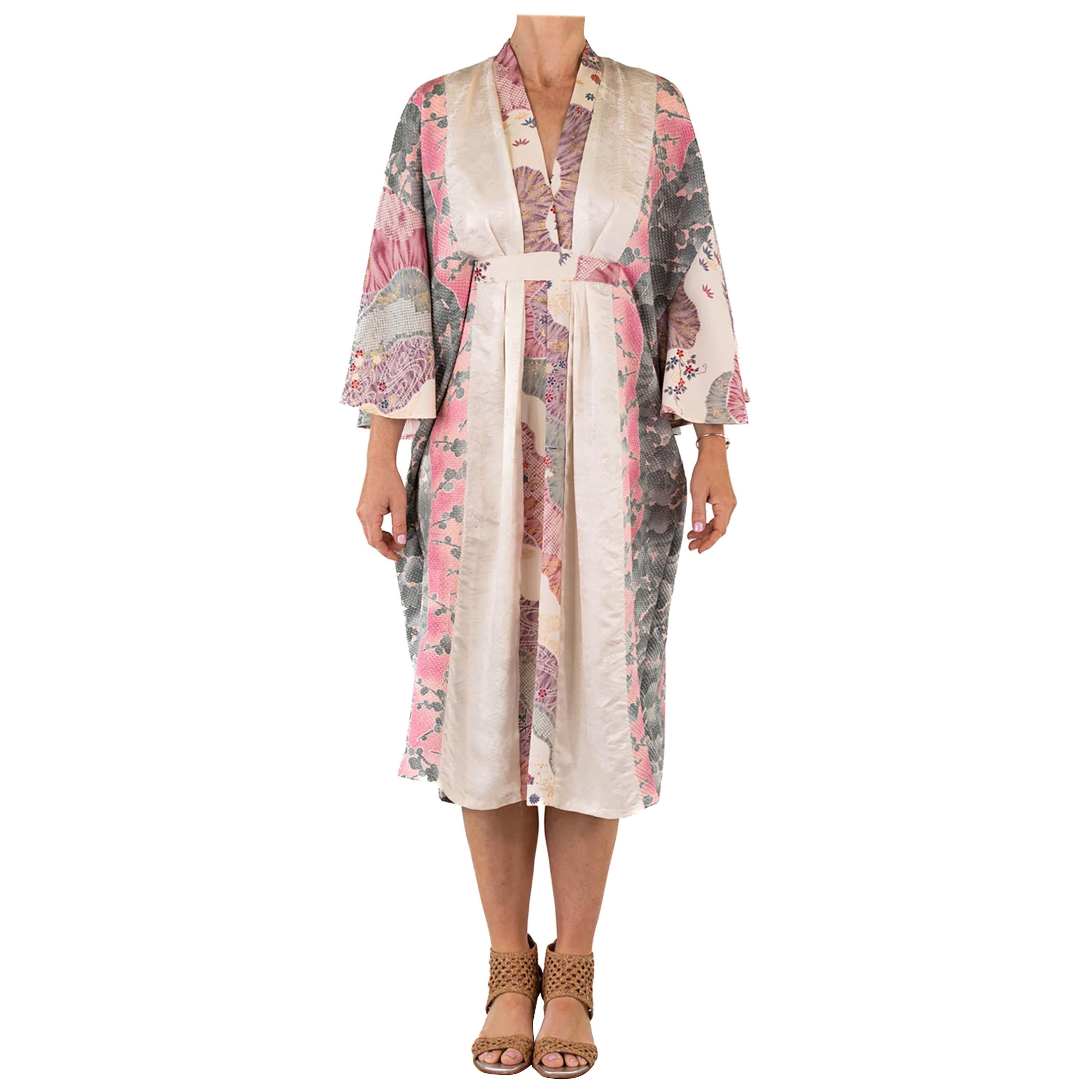 MORPHEW COLLECTION White & Purple Floral Print Japanese Kimono Silk Kaftan