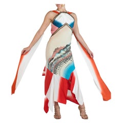 MORPHEW COLLECTION Blau & Beige Bias Cut Japanischer Kimono Seide Geisha Kleid Mit