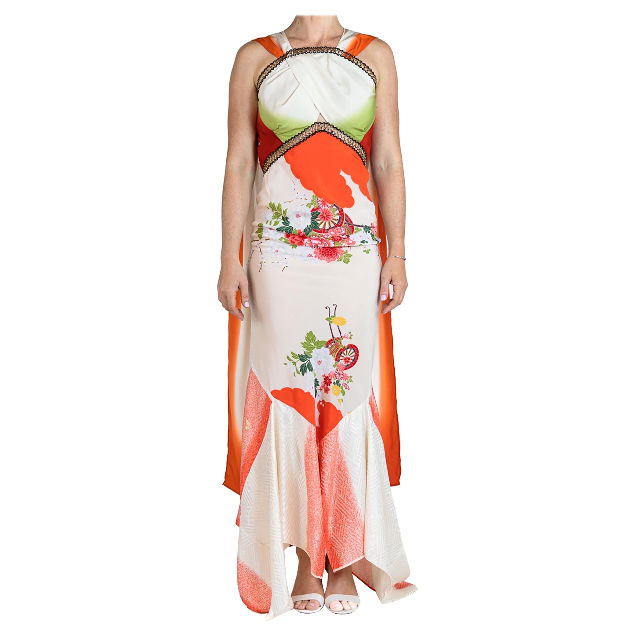 MORPHEW COLLECTION Green & Orange Bias Cut Japanese Kimono Silk Geisha Gown Wit For Sale