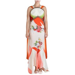 MORPHEW COLLECTION Green & Orange Bias Cut Japanese Kimono Silk Geisha