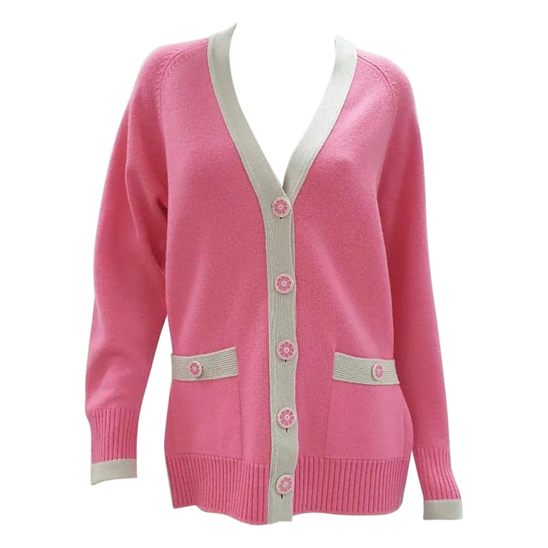 Chanel Button Belted Pink Cashmere Cardigan For Sale at 1stDibs