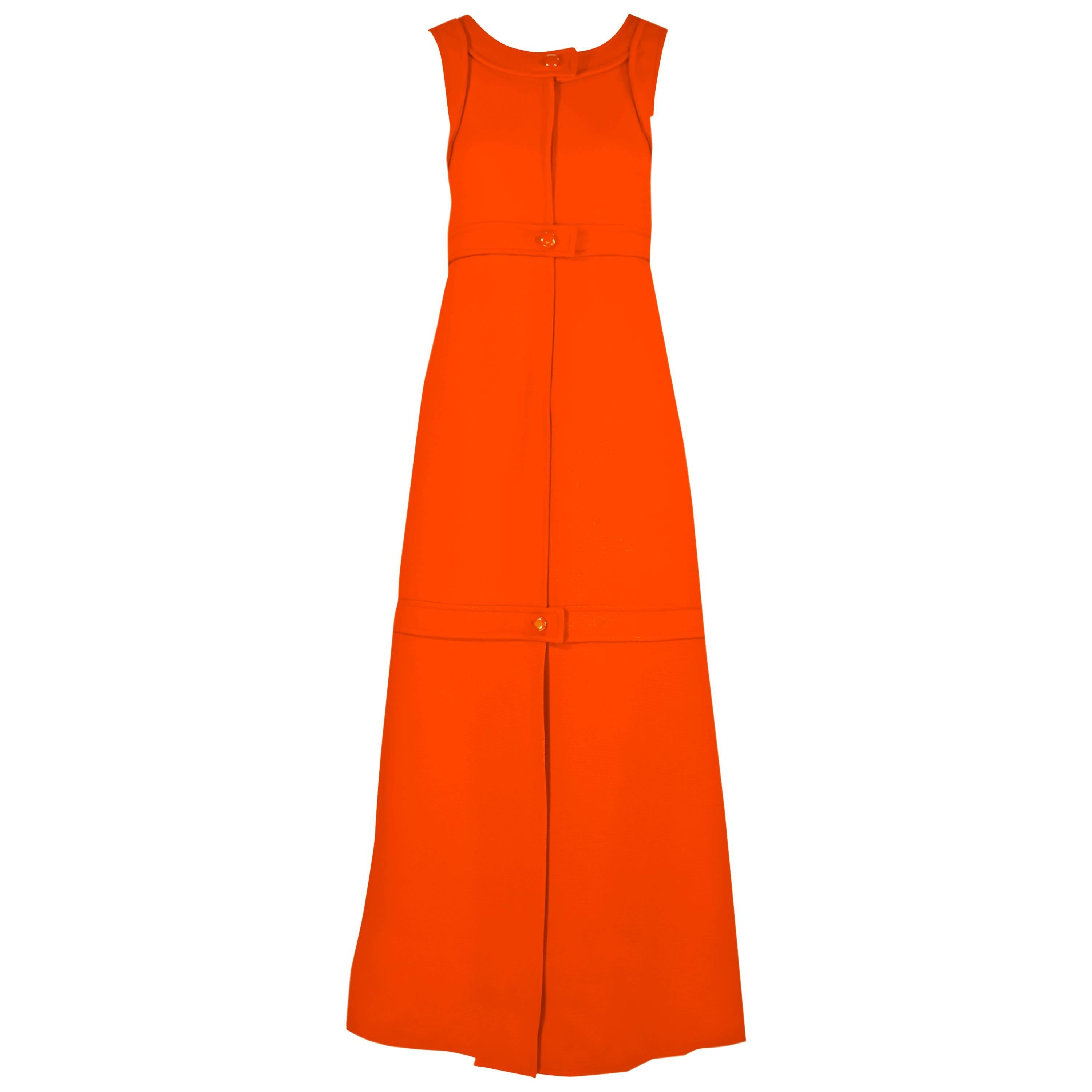 1960s Courreges Haute Couture Orange A-line Sleeveless Wool Maxi Dress For Sale
