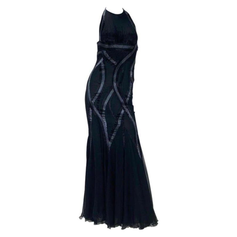 Vintage Versace Embellished Black Silk Mermaid Gown For Sale