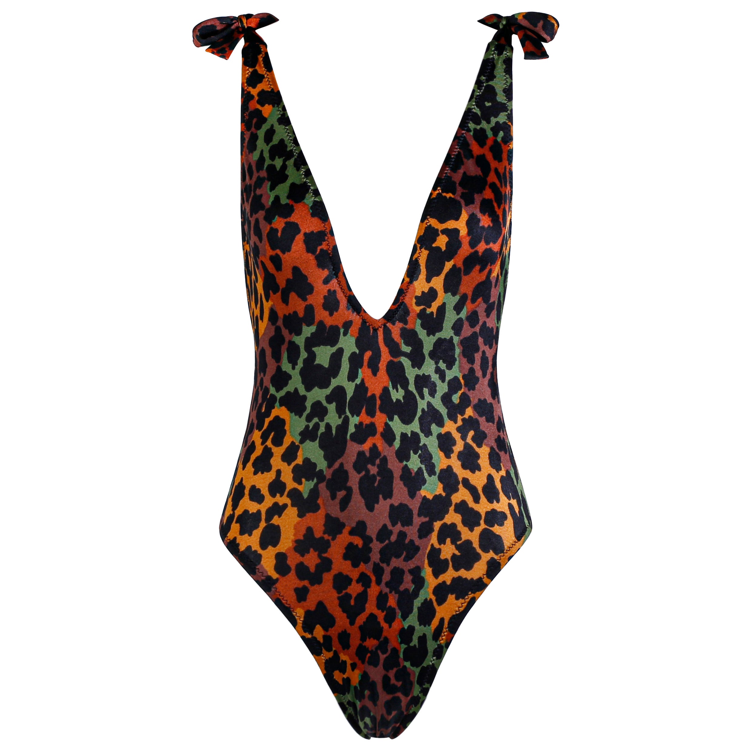 Yves Saint Laurent Vtg Deep V Plunge Back Leopard Print Strap Swimsuit Bodysuit