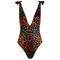 Retro Yves Saint Laurent Vtg Deep V Plunge Back Leopard Print Strap Swimsuit Bodysuit