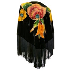Torso Creations Black Silk Velvet Fringed Shawl w 1920s Painted Floral Applique
