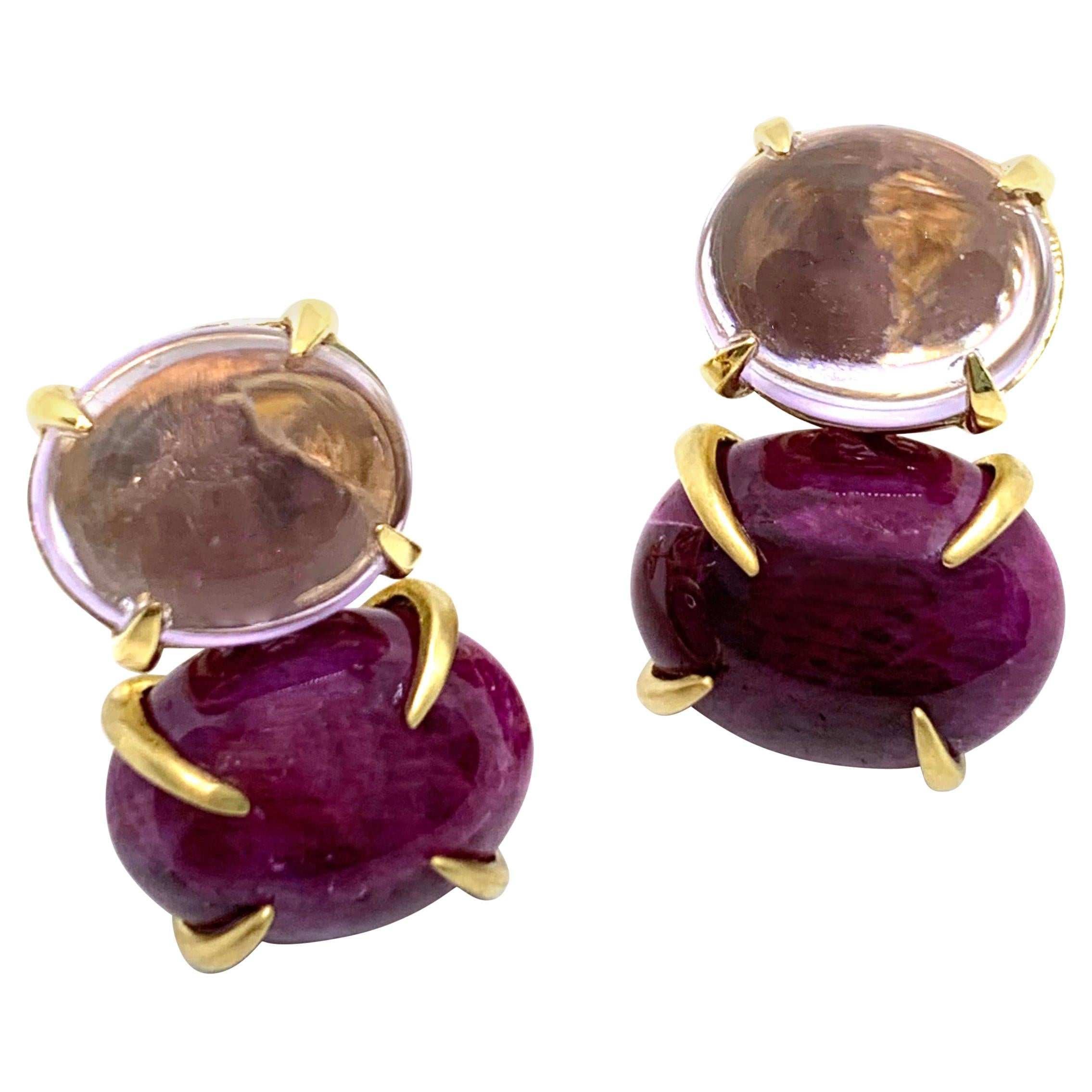 Double Oval Cabochon Amethyst and Ruby Earrings For Sale