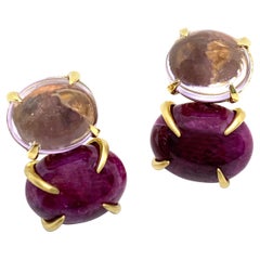 Double Oval Cabochon Amethyst and Ruby Earrings
