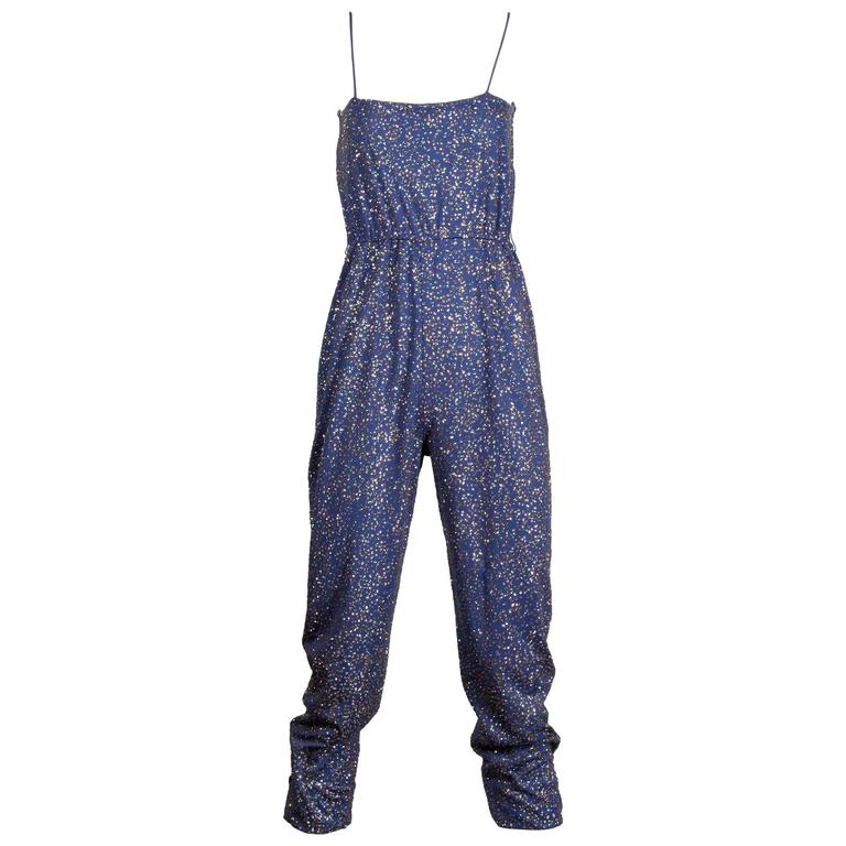 Pat Richards Vintage Blue Metallic Glitter Sequin Jersey Knit Jumpsuit
