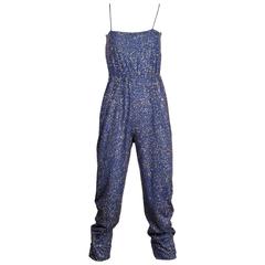 Pat Richards Retro Blue Metallic Glitter Sequin Jersey Knit Jumpsuit, 1970s 