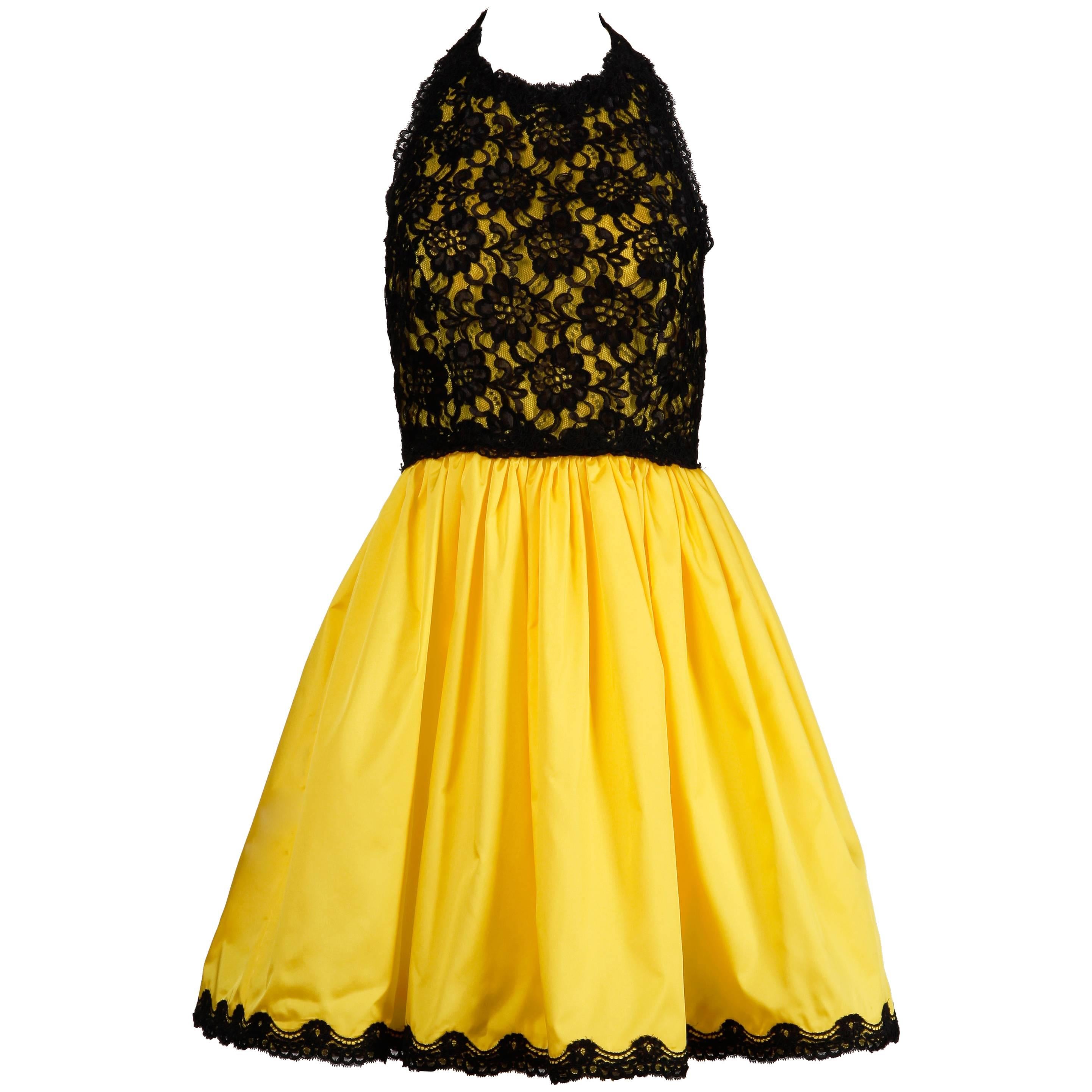Bill Blass Vintage Yellow and Black Lace Halter Dress For Sale