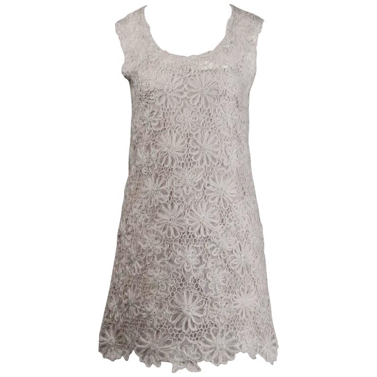 Moschino Vintage Gray Beaded Crochet Lace Shift Dress, 1990s For Sale