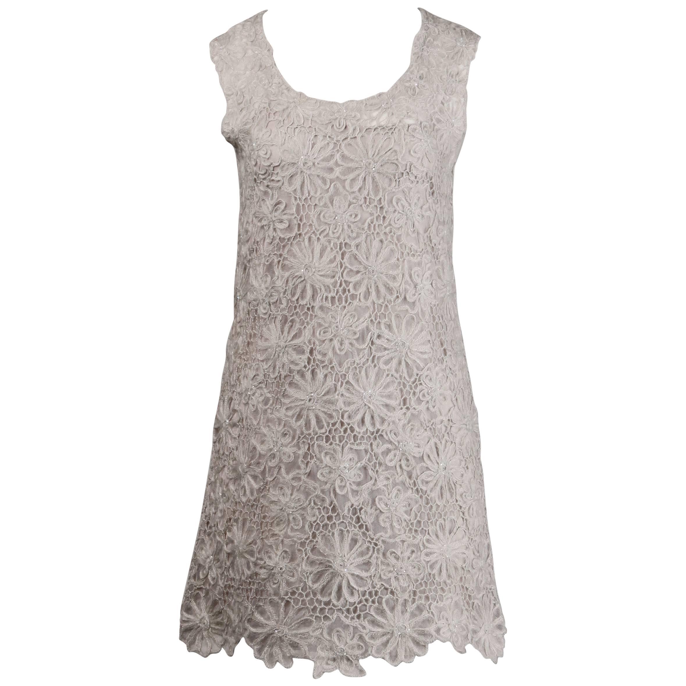 Moschino Vintage Gray Beaded Crochet Lace Shift Dress, 1990s  For Sale