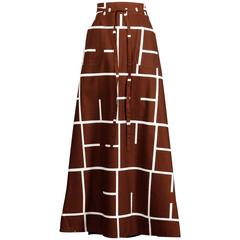 1970s Betty Carol Vintage Mod Brown + White Geometric Print Maxi Skirt