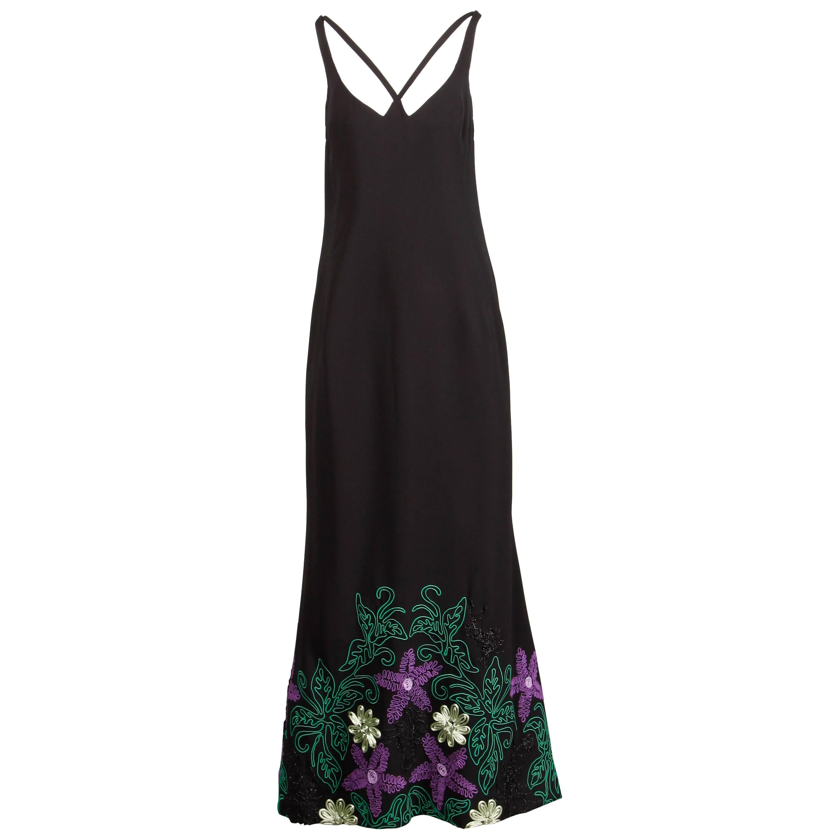 1970s Travilla Vintage Evening Dress with Purple Green + Black Flower Embroidery For Sale