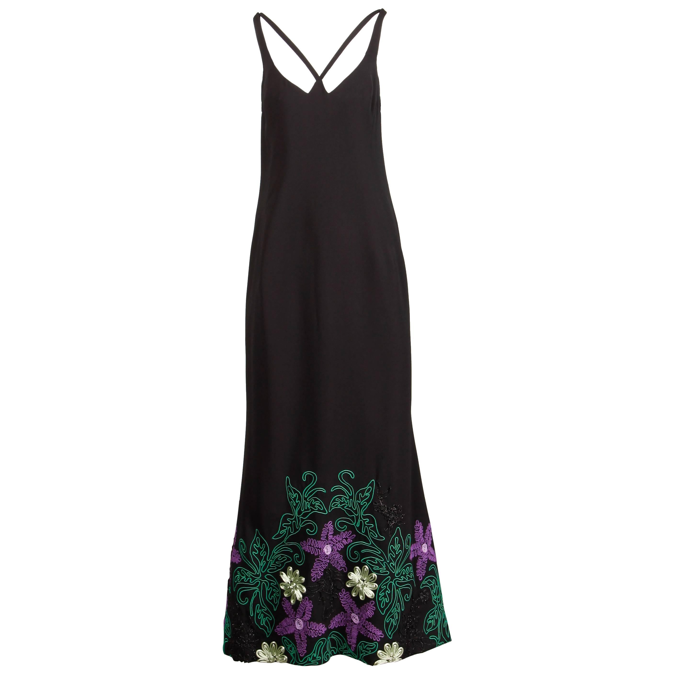 1970s Travilla Vintage Evening Dress with Purple Green + Black Flower ...