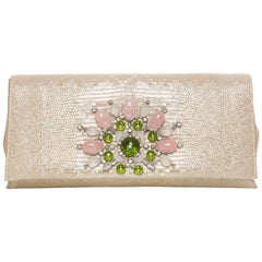 Used Bulgari Metallic Lizard Evening Clutch Embellished Gem Stones, Spring 2014