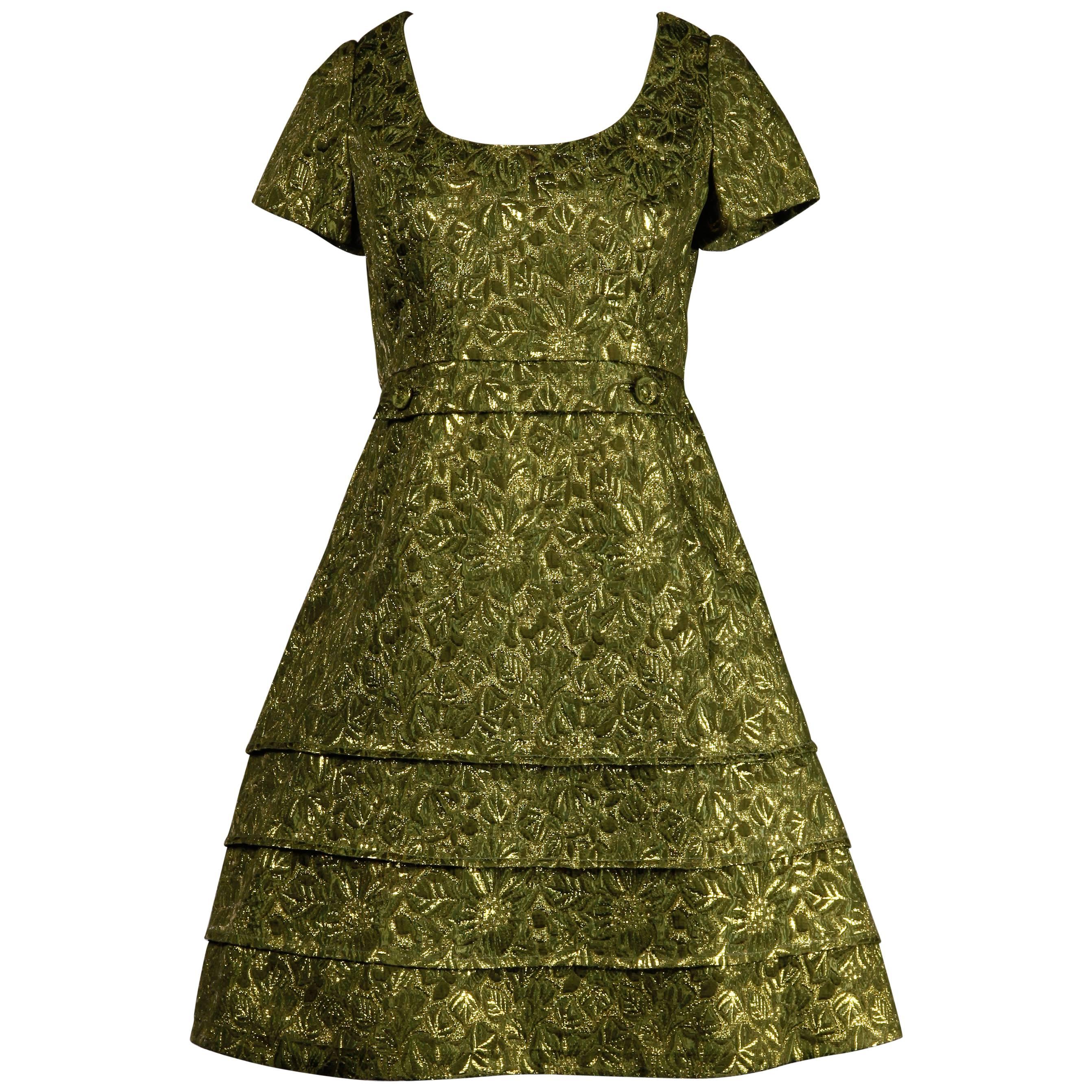 1960s Christian Dior Pret-a-Porter Vintage Metallic Green + Gold Cocktail Dress