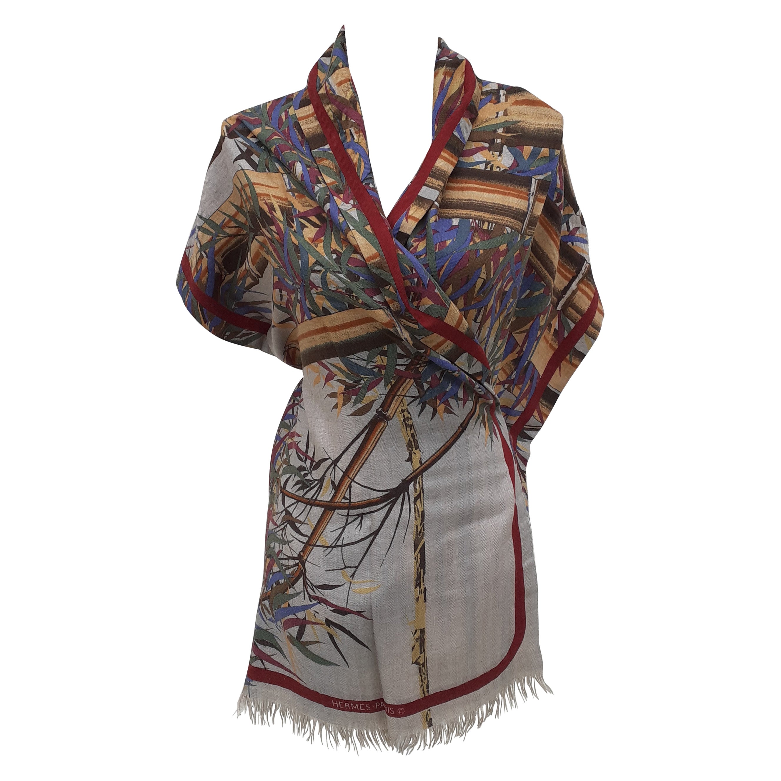 Écharpe longue Hermès Cachemire et soie imprimé bambou en vente