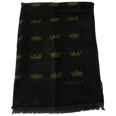 Dolce & Gabbana Dark Green Gold Silk Scarf Wrap With DG Crown Print Men Italy