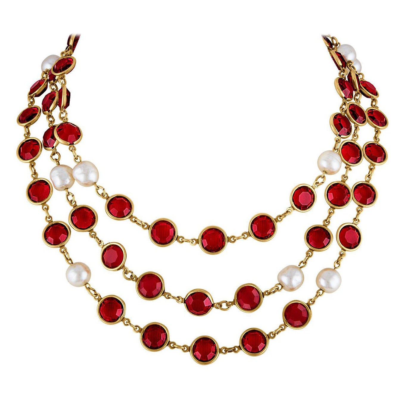 Vintage CHANEL 1981 Faux Pearl & Red Gripoix Long Necklace For Sale