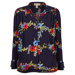 Retro 1970s Ossie Clark Navy Floral Print Blouse with Celia Birtwell Print