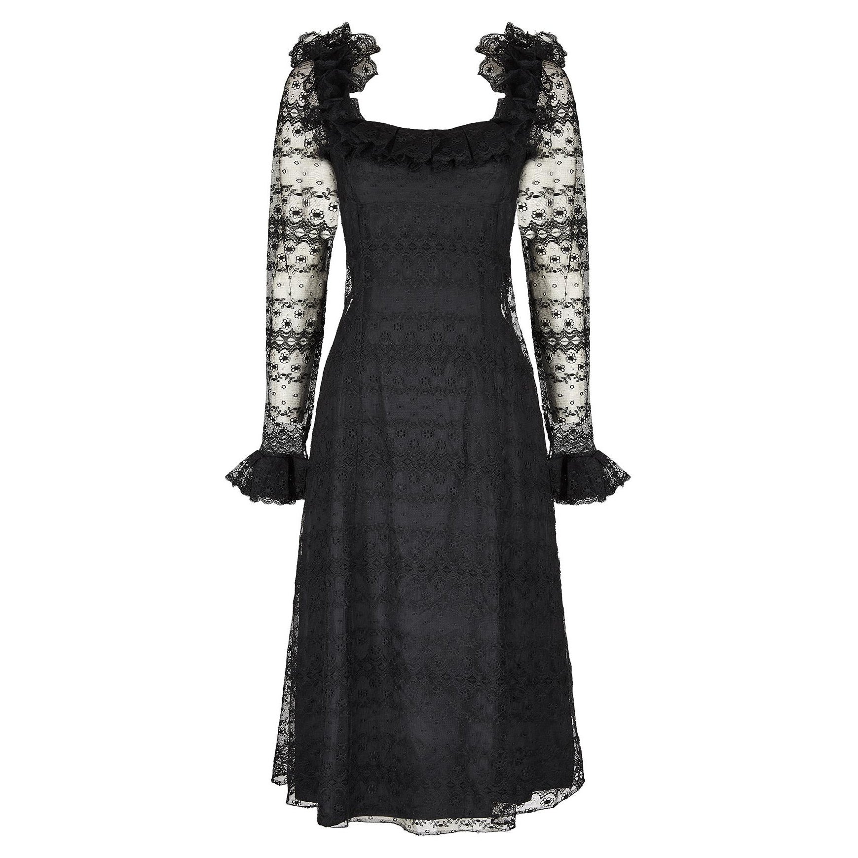 1970s Madame Gres Haute Couture Black Silk & Lace Dress For Sale
