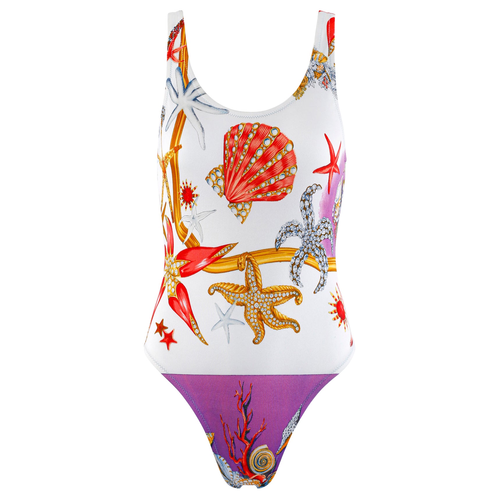 Gianni Versace S/S 1992 Étoile de mer et coquillages - Maillot de bain dos plongeant - Bodysuit en vente