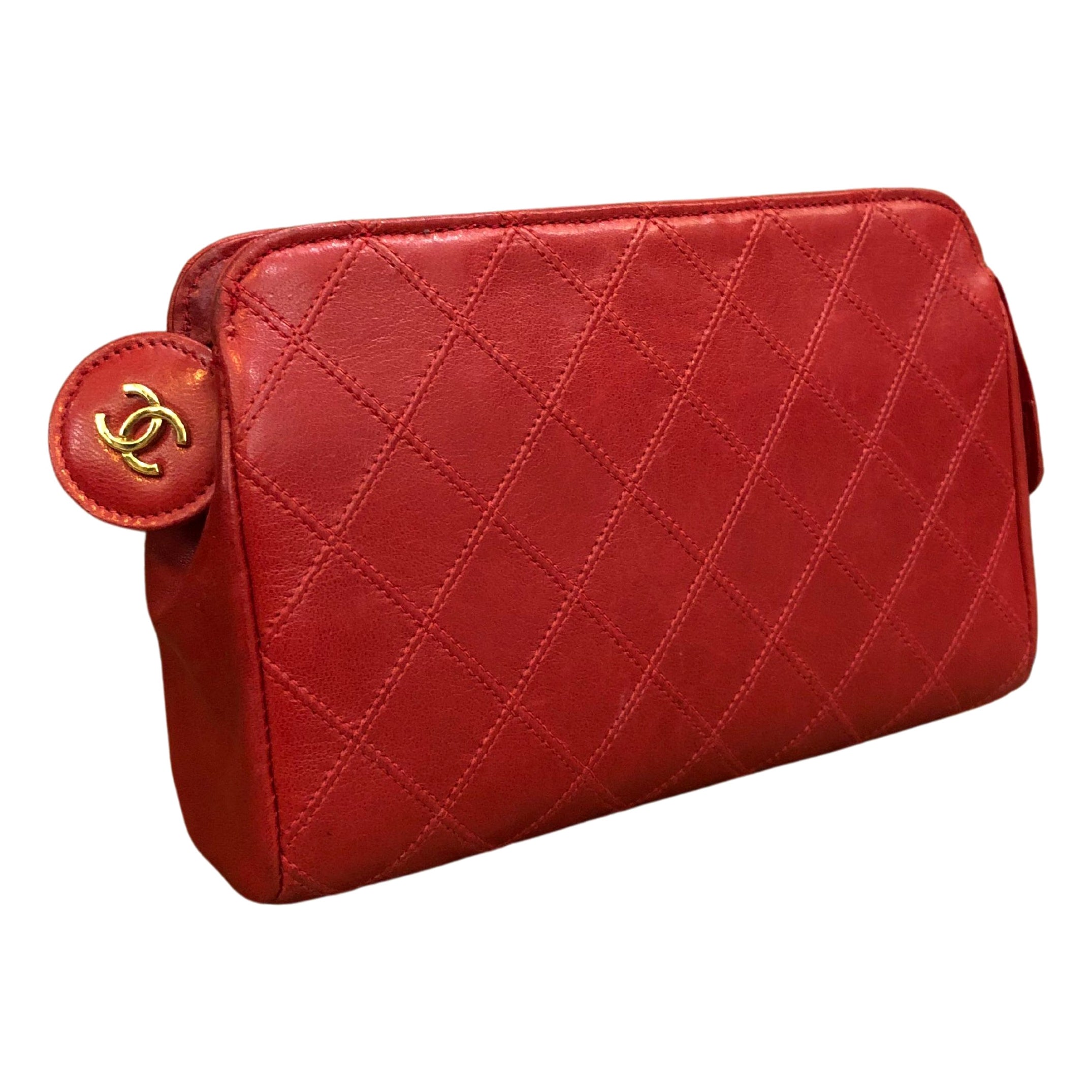 Vintage CHANEL Diamond Quilted Lambskin Leather Pouch Bag Clutch Red (Altered)