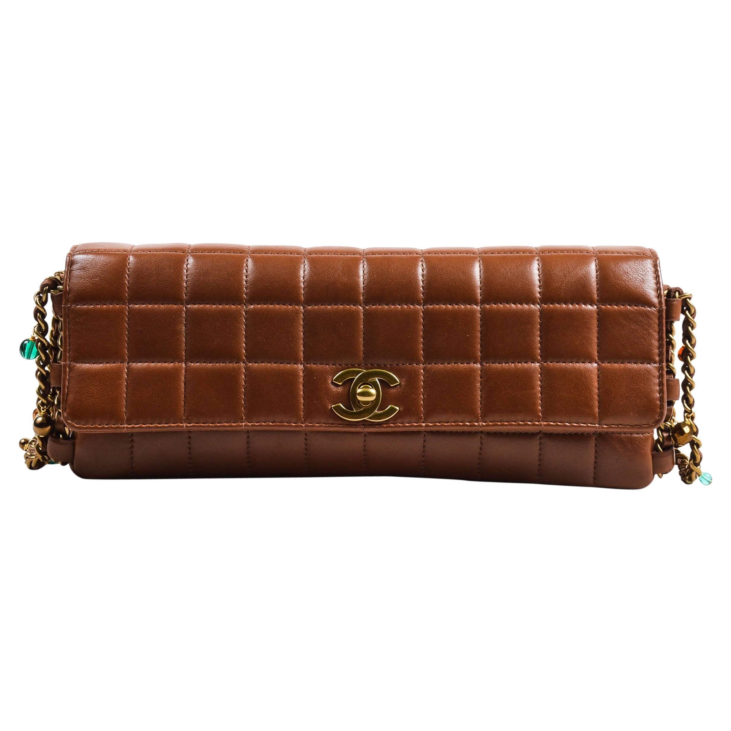 Chanel Brown Quilted Leather "East West Chocolate Bar" Beaded Chain Strap Bag For Sale