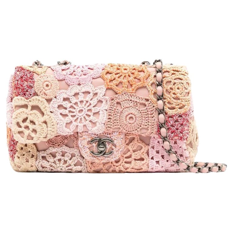 Chanel Limited Edition 2016 Pink Tweed Floral Embellished Double Flap Bag