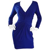 Tadashi Shoji Robe courte moulante vintage à manches longues froncée bleu royal, années 1990