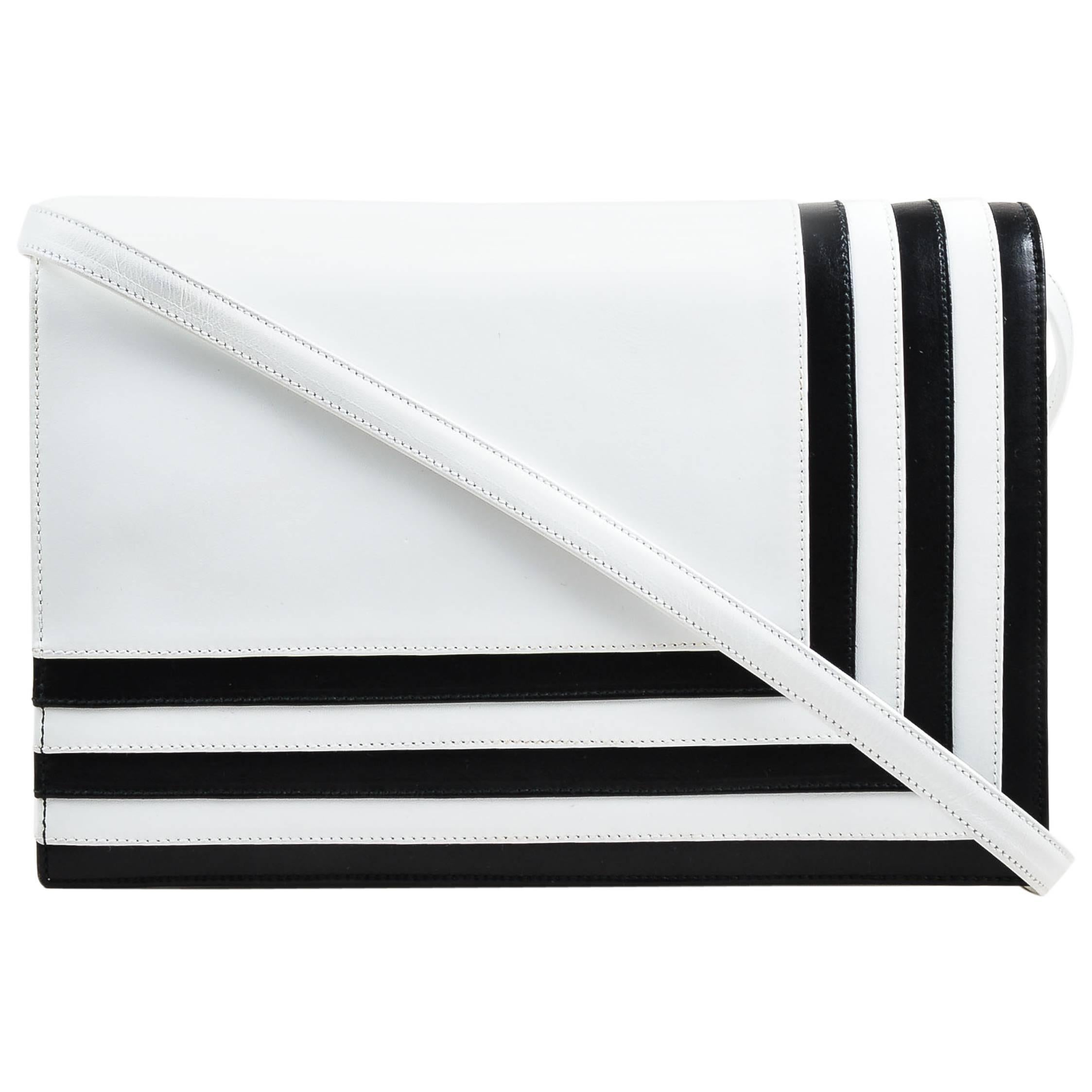 Vintage Valentino Garavani White Black Leather Striped Flap Bag