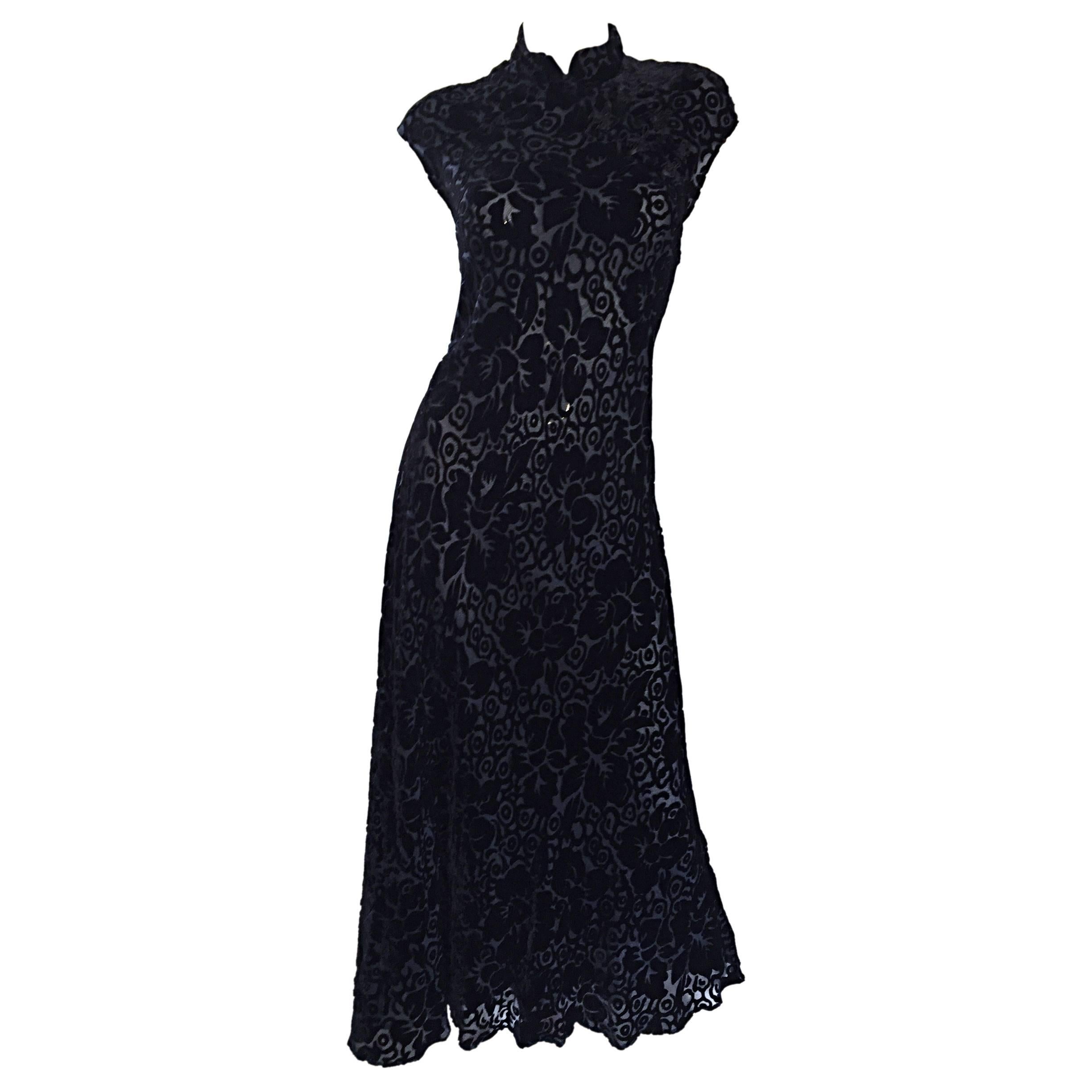 Important Vintage Donna Karan Chinese Inspired Black Silk Cut Out Velvet Dress