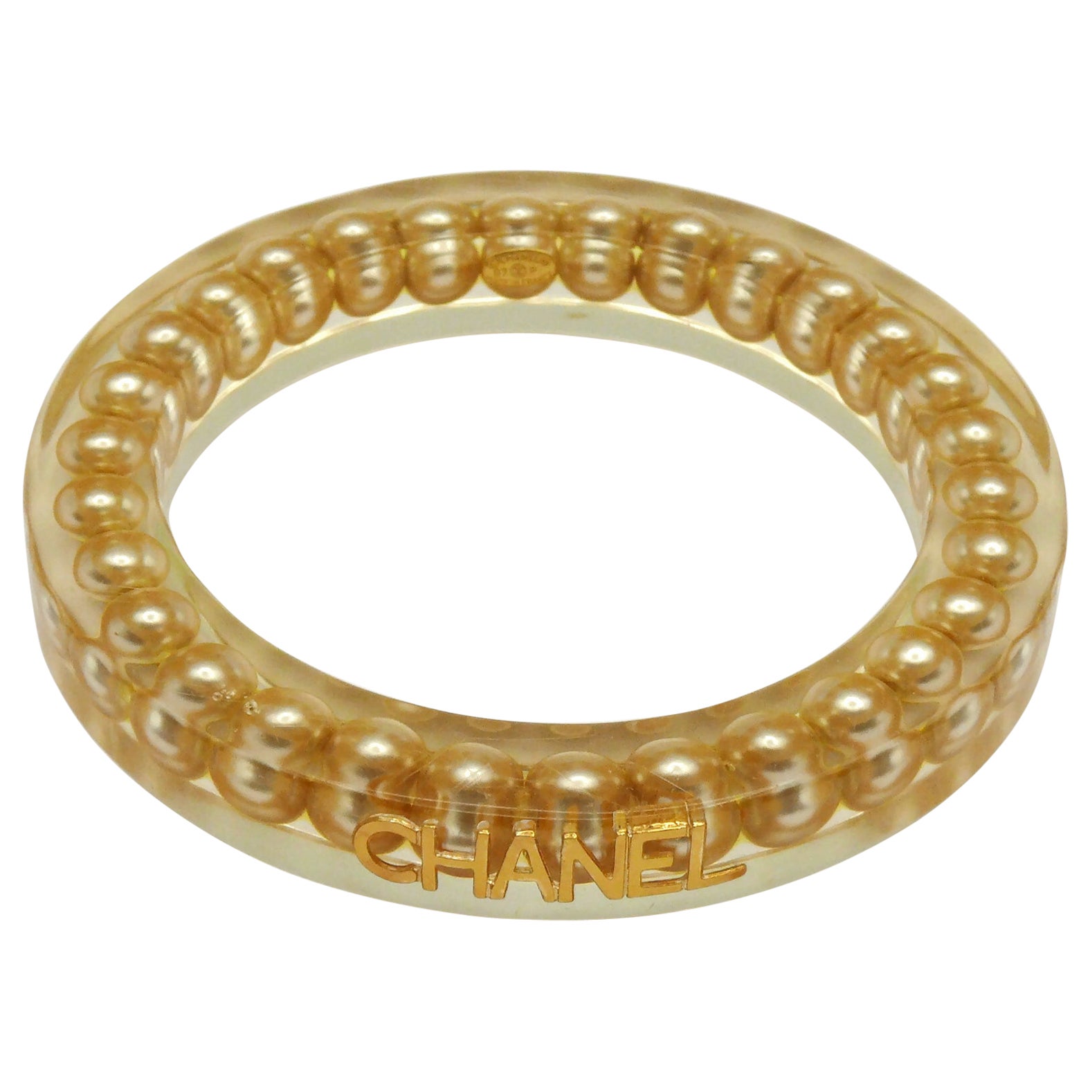 CHANEL by KARL LAGERFELD Vintage Lucite Pearl Inlaid Bangle, Spring 1997 For Sale