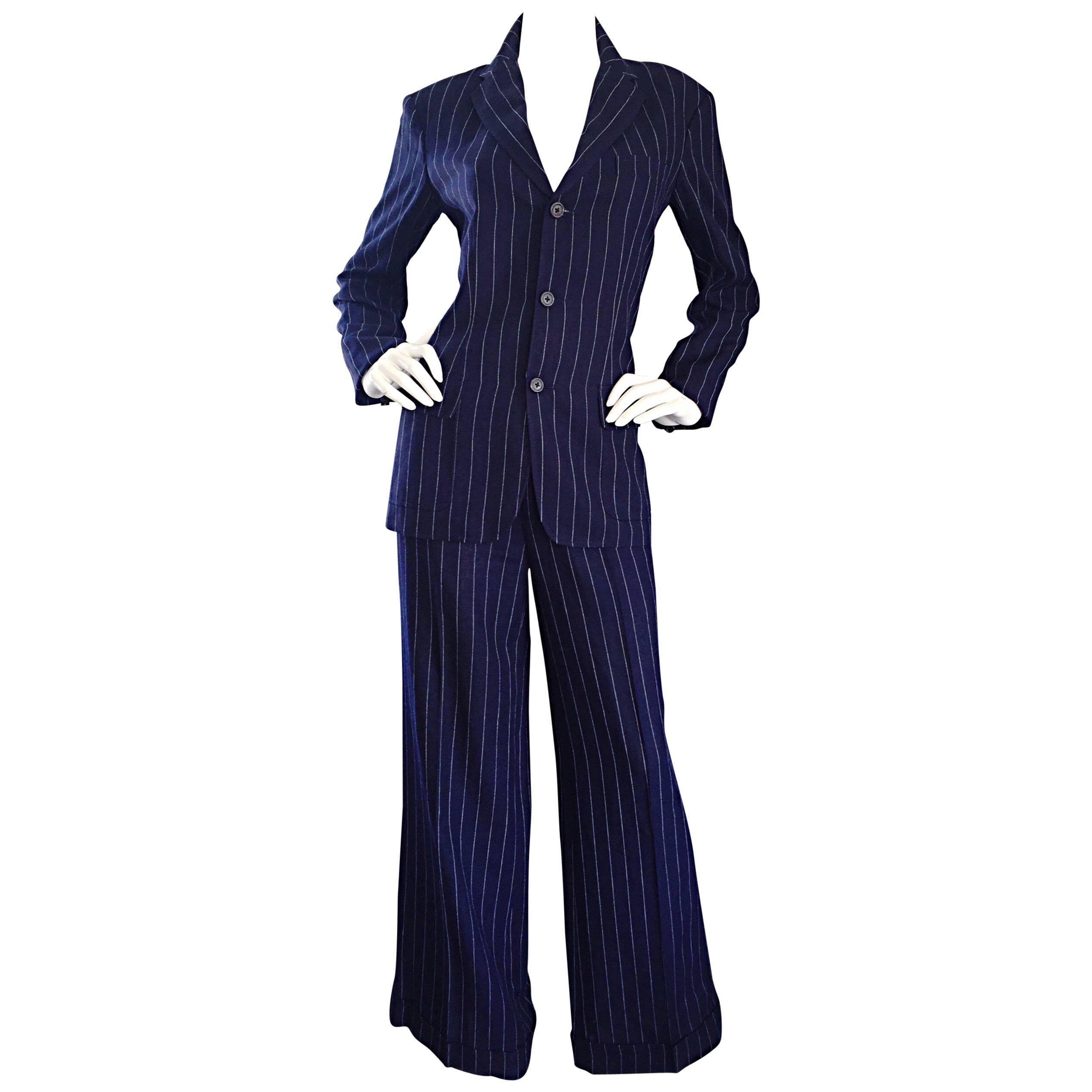 Vintage Ralph Lauren Navy Blue Pinstripe Italian Wide Leg Size 8 Pant Suit RARE