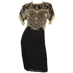 Vintage Lillie Rubin Size Medium Fully Beaded Sequined Pearl Silk Fringe Dress 11