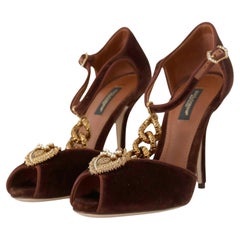 Dolce & Gabbana Brown Gold Cloth Leather Devotion Pumps Shoes Heels With Heart