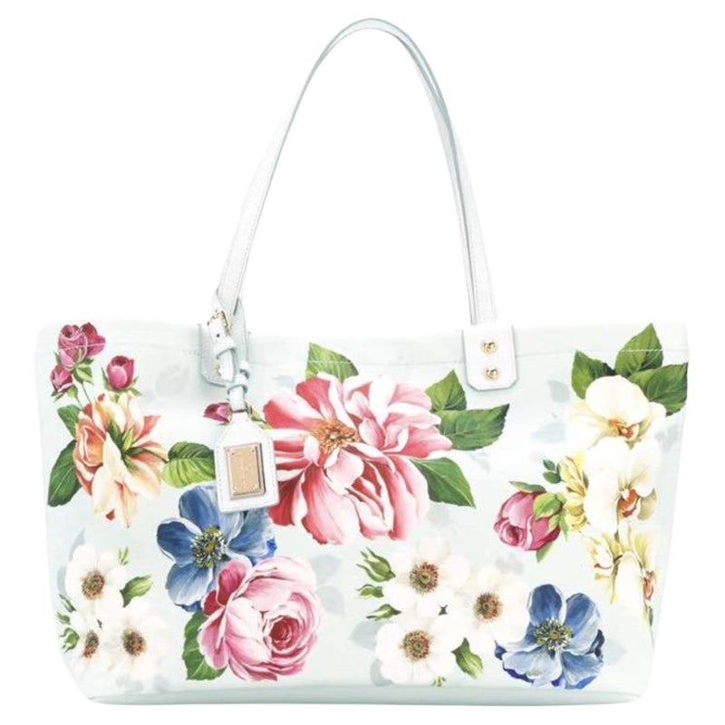 Dolce and Gabbana Multicolor Light Blue Cotton Beatrice Handbag Tote Bag  Floral For Sale at 1stDibs